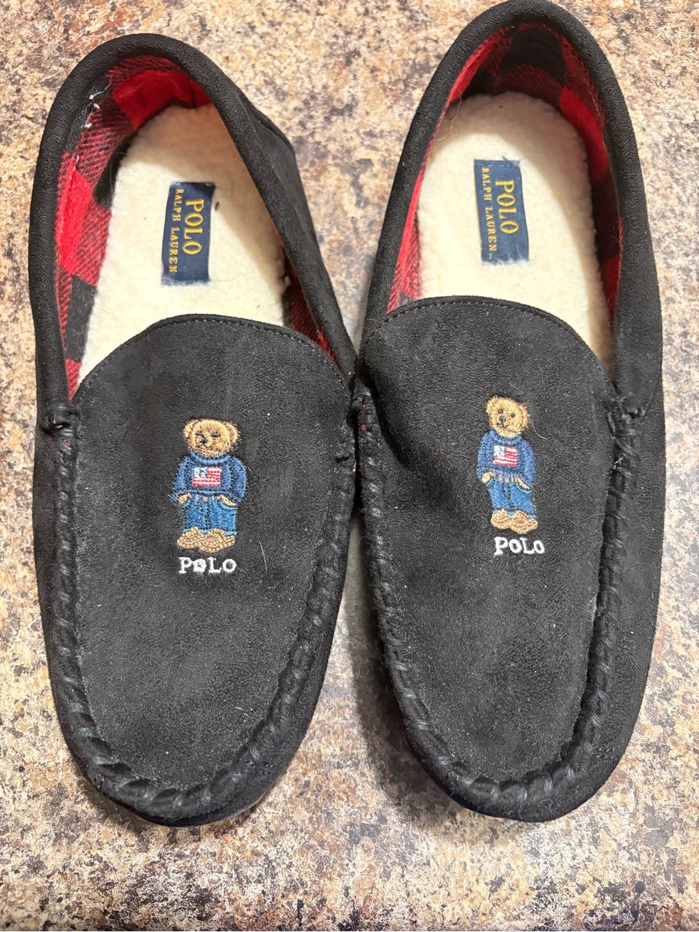 Polo by Ralph Lauren Black Suede Bear Embroidered Slip-On Loafers